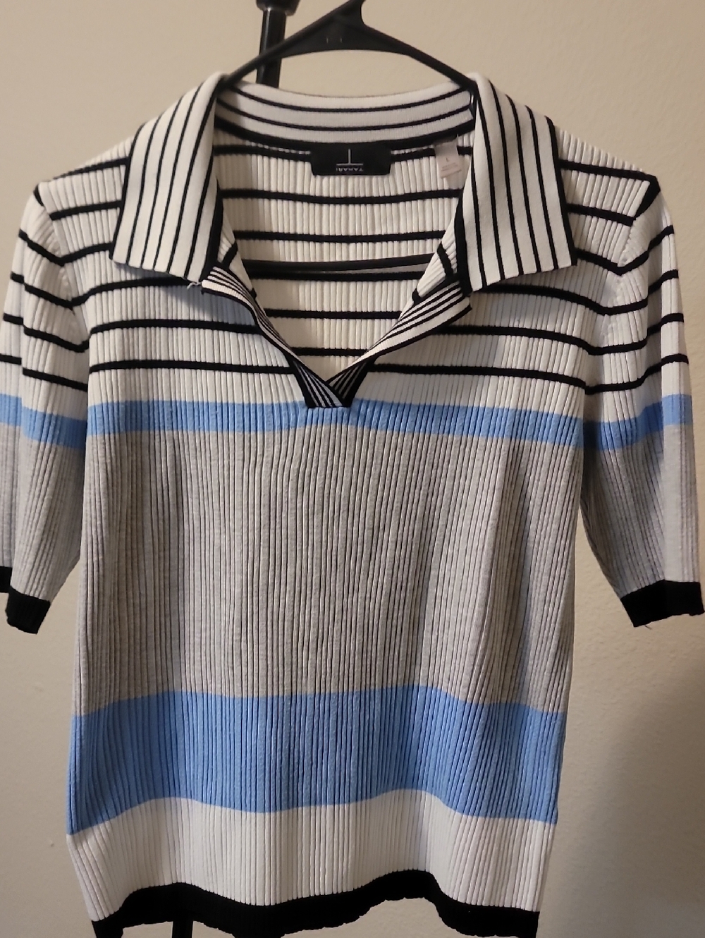 Tahari White, Black & Light Blue Striped Ribbed Polo Tee